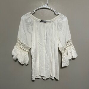 LTX USA Women's Blouse M White Crochet Bell Sleeve Off Shoulder Boho Peasant 70s